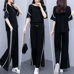 2022 New Short Sleeved Wide Leg Trousers Two Piece Set Fashion Loose Casual Sports Suit Women