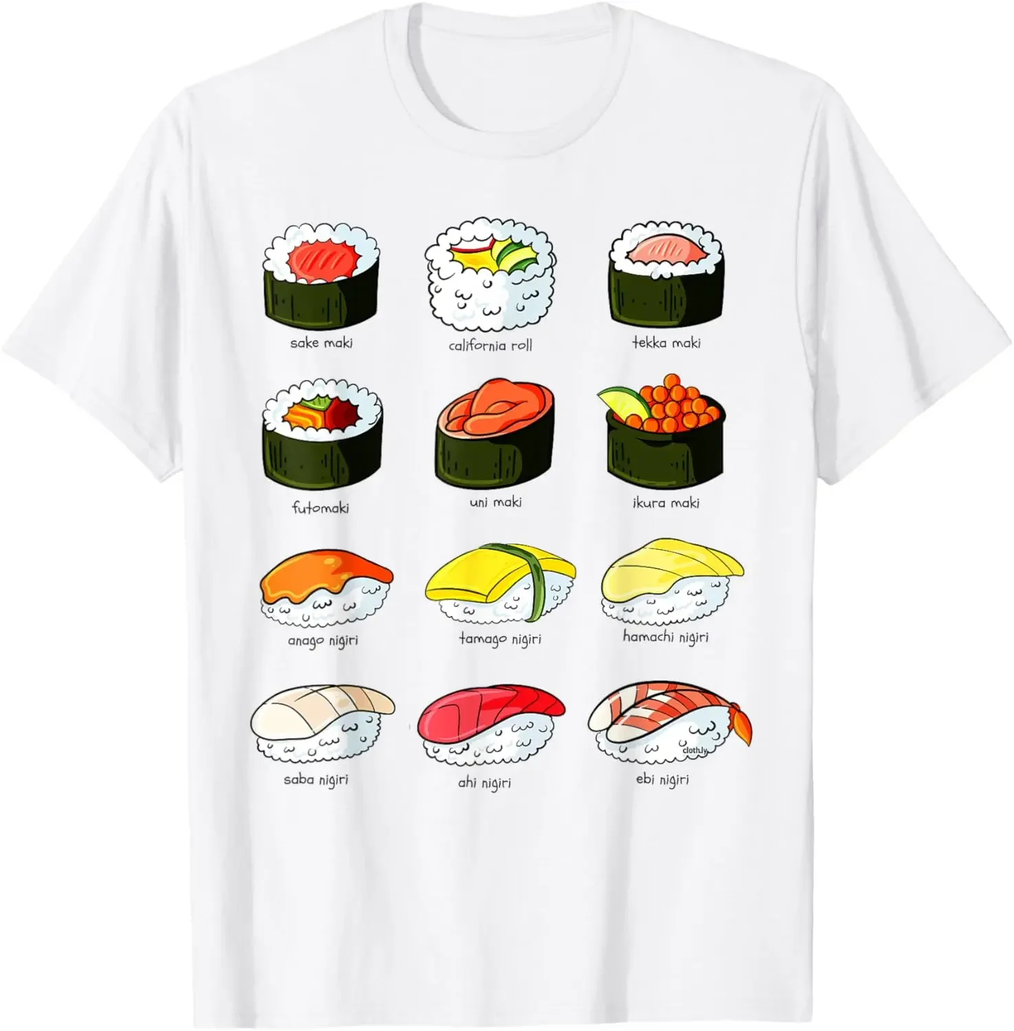 

Sushi Types Illustration Graphic Tee Different Kinds of Maki Nigiri Casual Short Sleeve T-Shirt Men