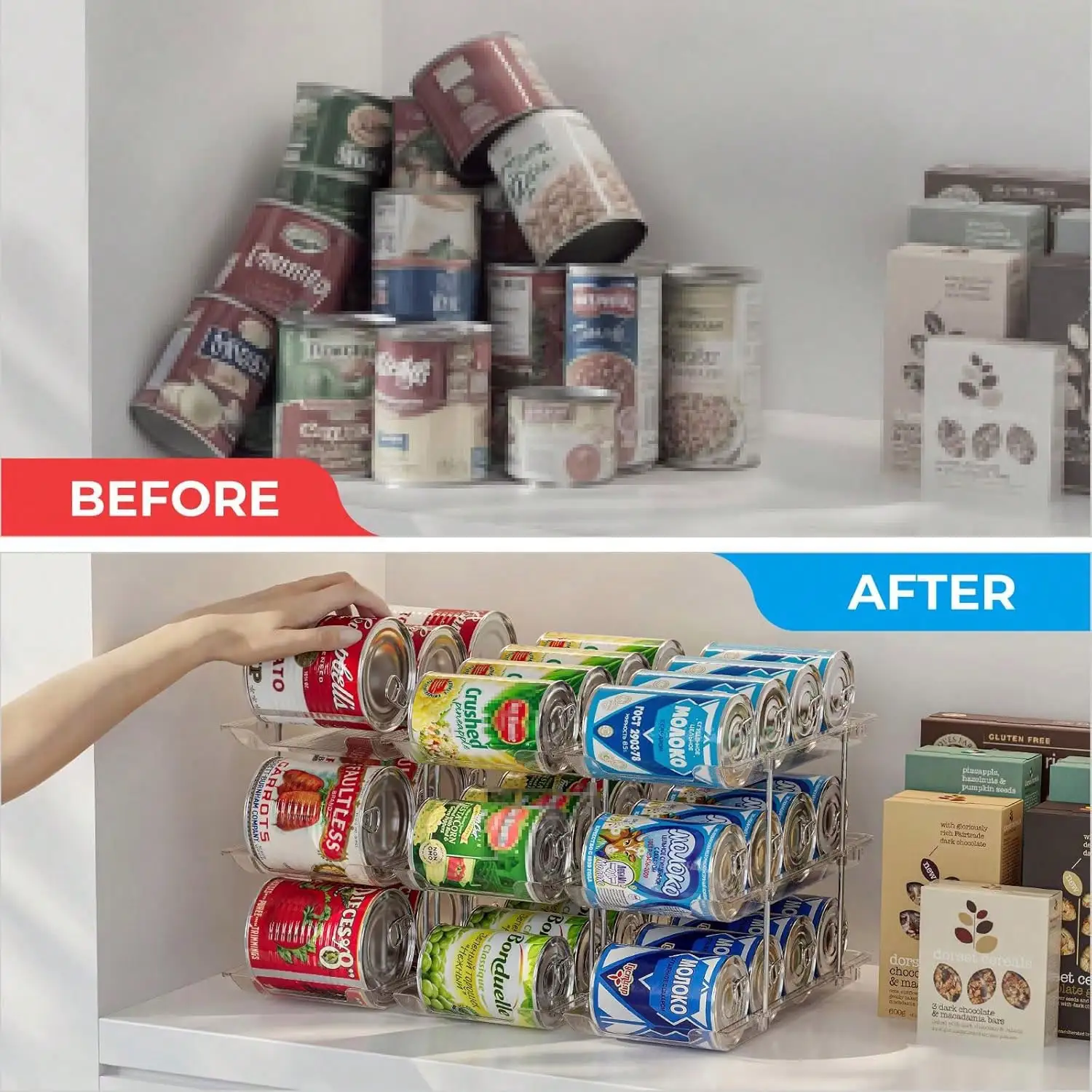Can Organizer For Pantry, Stacking Can Storage Organizer Pantry, Automatic Can Rack For Fridge, 3Tire 3 Columns Can Holder For 36 Cans, Canned Goods Organizer Suitable For Cabinet Pantry Countertop.