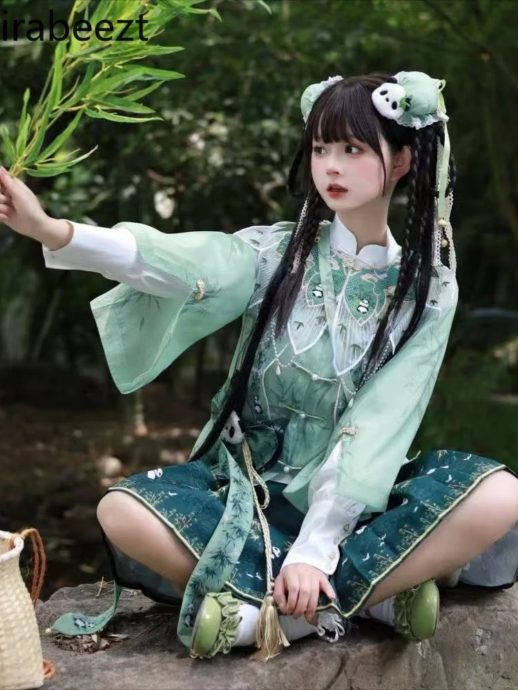 

2025 New Chinese Hanfu Dress Green Panda Bamboo Print Lolita Style Qipao Cheongsam Traditional Vintage Elegant Women Outfit