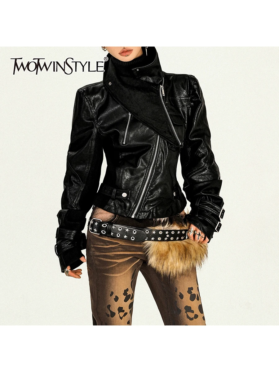 

TWOTWINSTYLE уличная куртка на молнии для женщин с лацканами и длинными рукавами, утягивающие черные пальто из искусственной кожи, женские осенние