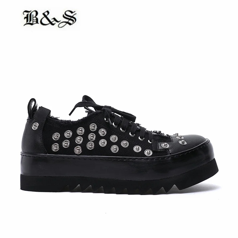 

Black&Street Genuine Leather Canvas Thick Sole Original Designer Handmade Retro Rivets Punk Boots