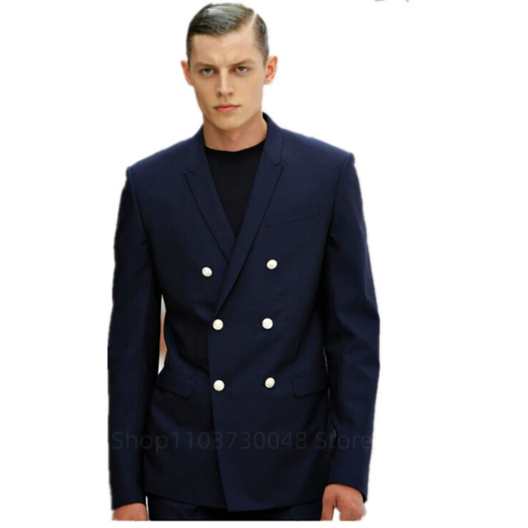 

Navy Blue Blazer for Men Peak Lapel Double Breasted Dinner Prom Jacket Elegant Smoking Slim Fit Suit Coat for Wedding/Business