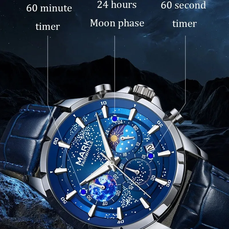 FAIRWHALE Watches for Men 5870 Fashion Starry Sky Luminous Mens Watch Business Moon Phase Quartz Watches Gift Box Reloj Hombre