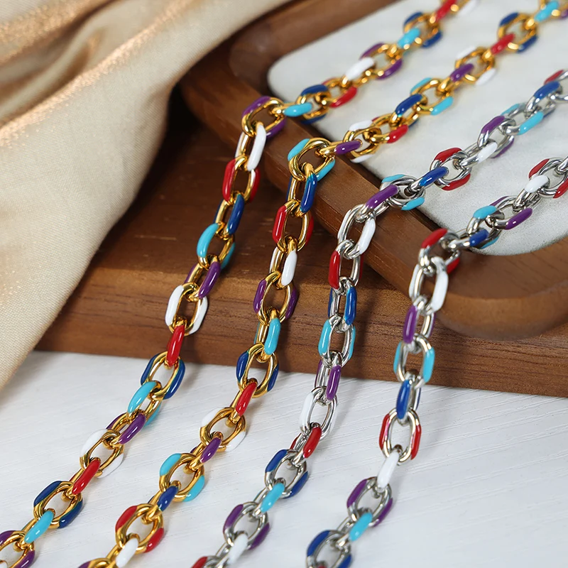 Liora Heavy 316L Stainless Steel O Chain Necklace Bracelet For Women Men Colorful Enamel Link Charm Waterproof Jewelry Sets
