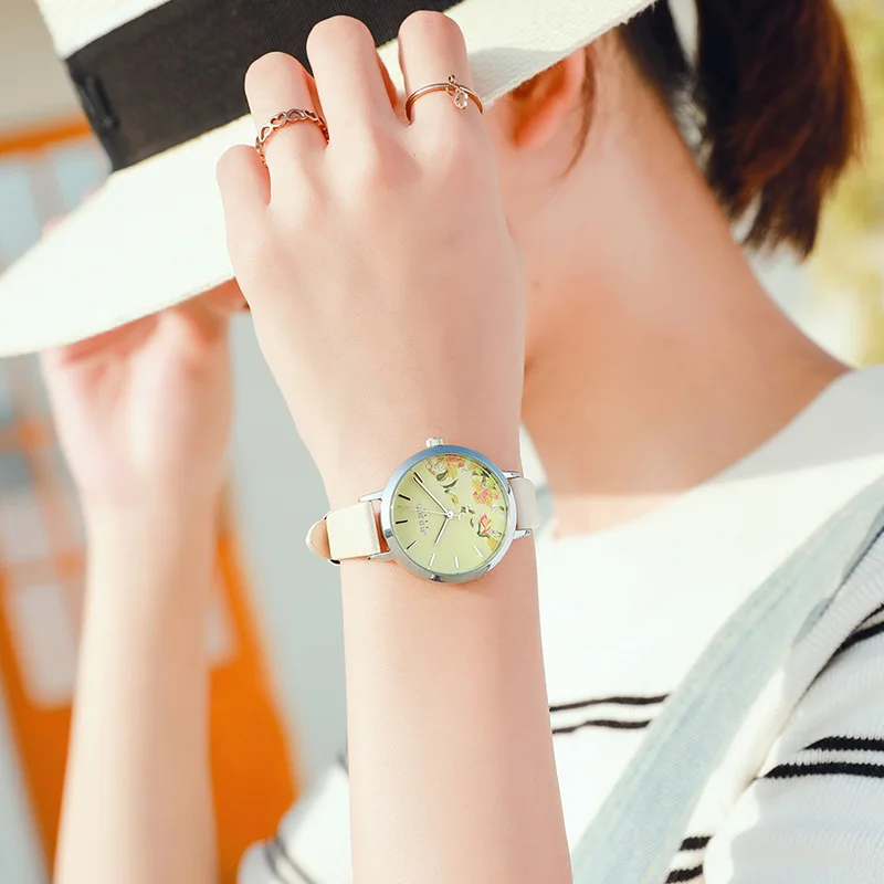 Printing Flower Lady Women\'s Watch MIYOTA Quartz Hours Fashion Woman Clock Real Leather Bracelet Girl\'s Birthday Julius Gift Box