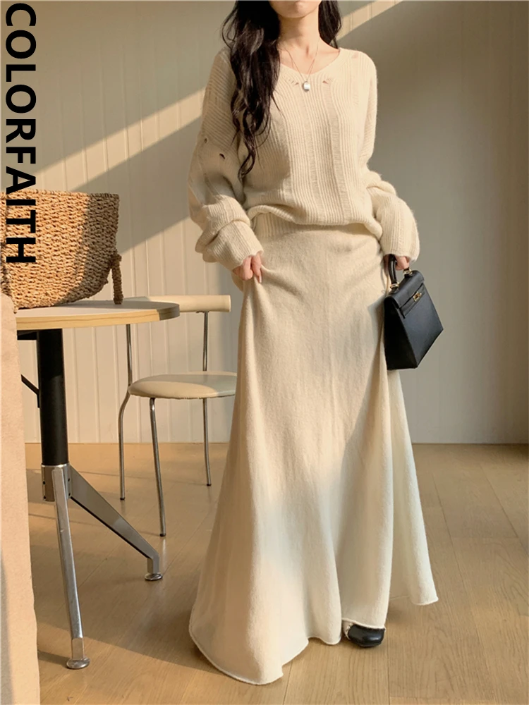 Colorfaith WS6750JX New 2024 Sets 2 Pieces Wild Elegant Lady Korean Fashion Sweaters With Long Skirts Autumn Winter Women Suits