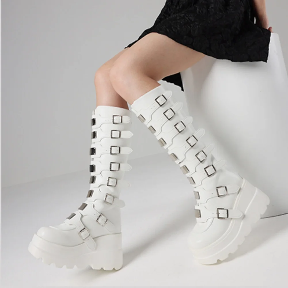 GIGIFOX القوطي مشبك معدني القتالية منتصف العجل أحذية للنساء جولة تو منصة مكتنزة عالية أسافين كول موضة دراجة نارية الأحذية