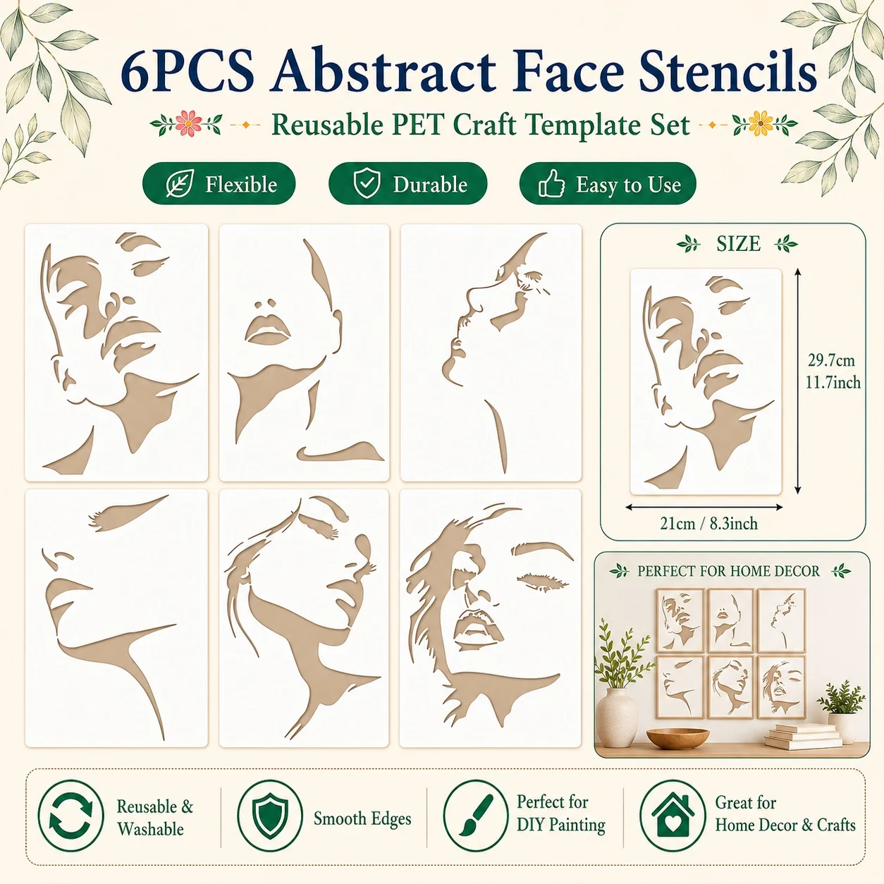 6 Plantillas Reutilizables para Contorno Facial, Plantillas Artísticas de Silueta Femenina, Material PET para Manualidades, Lienzo, Decoración del Hogar, Tela, Paredes