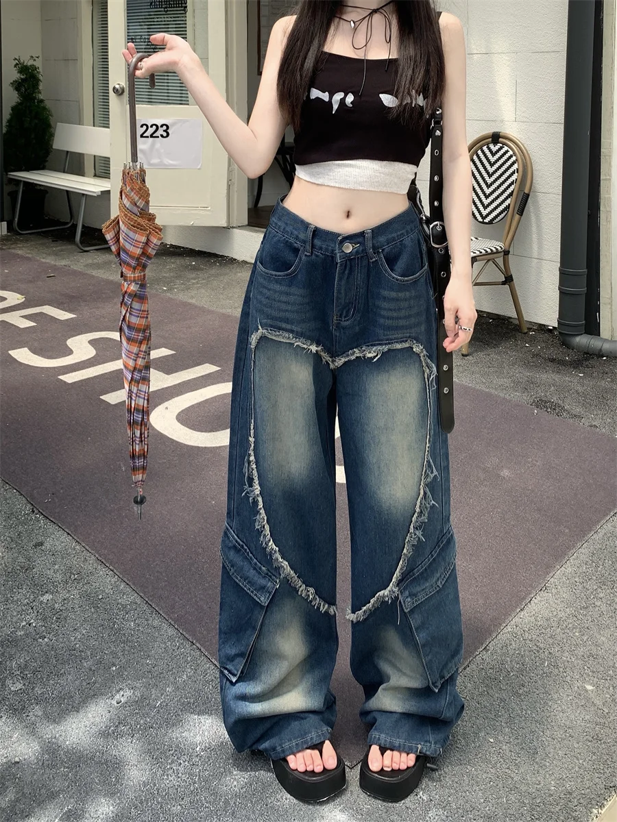 

Slergiri Streetwear retro washed cargo jeans women's american y2k multi-pocket raw trim harajuku wide leg baggy denim trousers