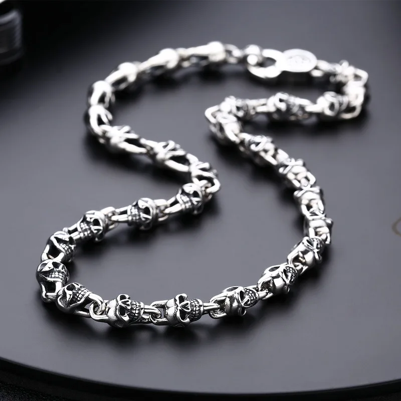 S925 sterling silver necklace short necklace for ladies short thick type j skull Thai silver Korean style niche punk jewelry