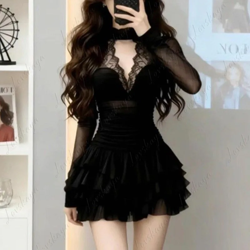 Spring Fall Women Elegant Lace V Neck Mini Dress High Waist Bodycon Slim Dress