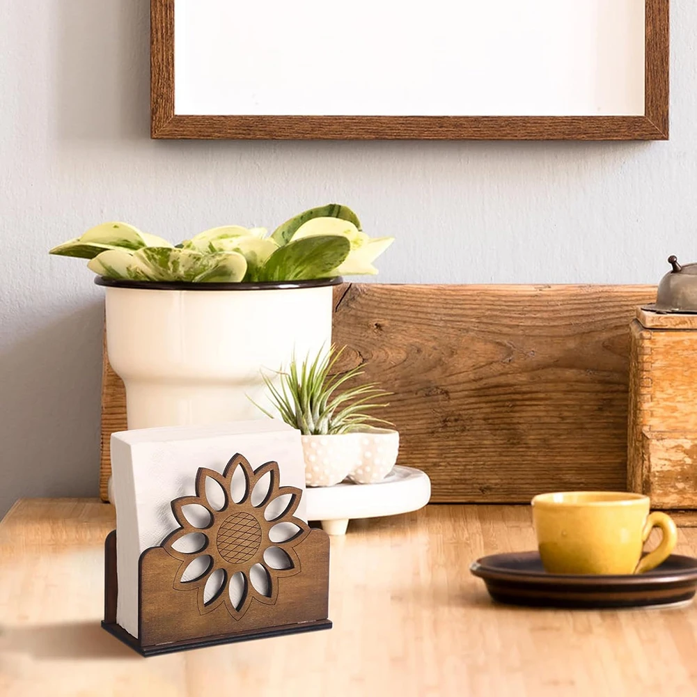 Premium Wood Napkin Holder Stand Sunflower Tissue Paper Holder Rustic Dining Table Decor For Home Coffee Cafe