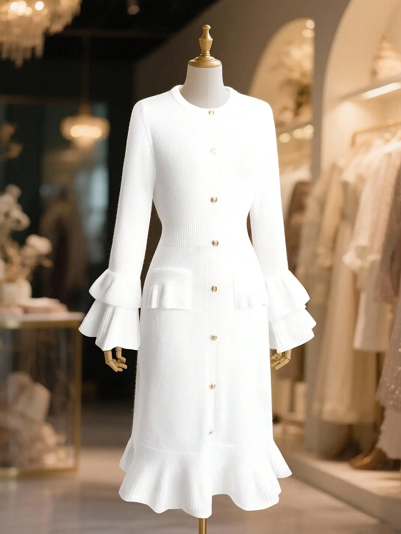 

Элегантное белое трикотажное платье миди с рукавами-колокол и оборками по низу