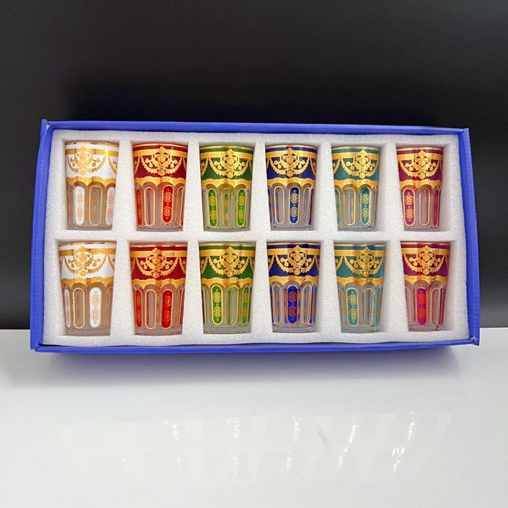 

12-piece set, Colored Moroccan Tea Cup, Light luxury gold stamping glass cup, Arabic Restaurant Tea Mug, Home glass water cup