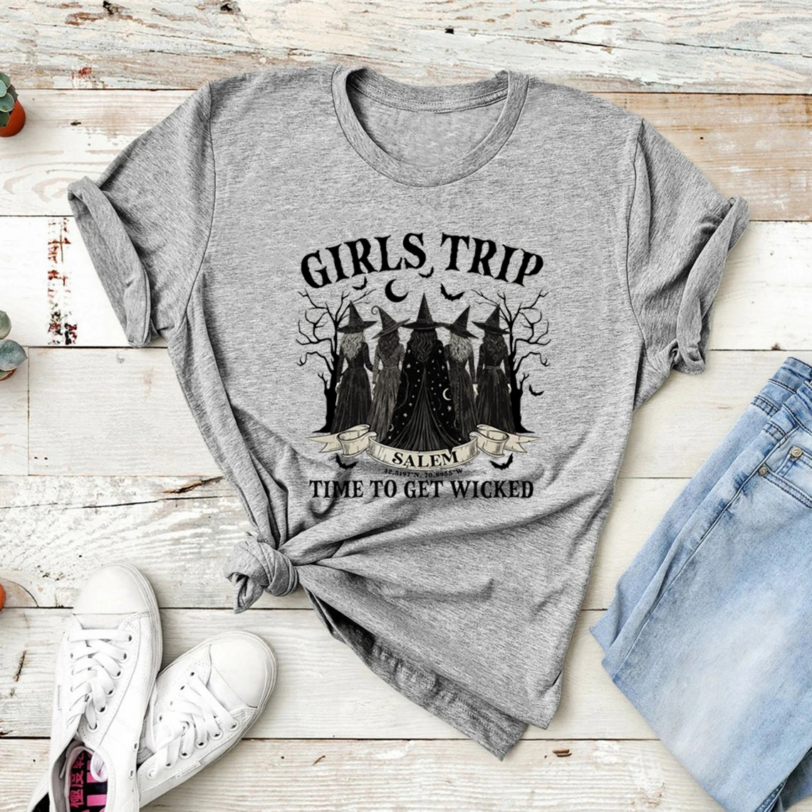 خمر الفتيات رحلة سالم تي شيرت هالوين الساحرة قميص الرجعية قصيرة الأكمام النساء تي شيرت سالم الساحرة المحملة مخيف الموسم التي شيرت