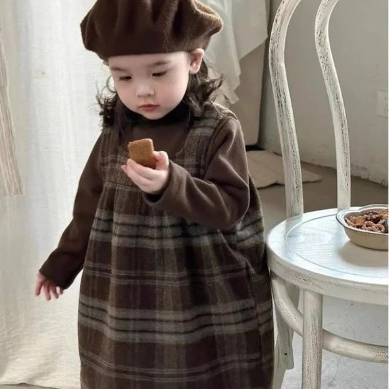 

2025 Autumn Girls' Maillard Cotton Bottom Shirt and Thick Woolen Checkered Dress Two Piece Set