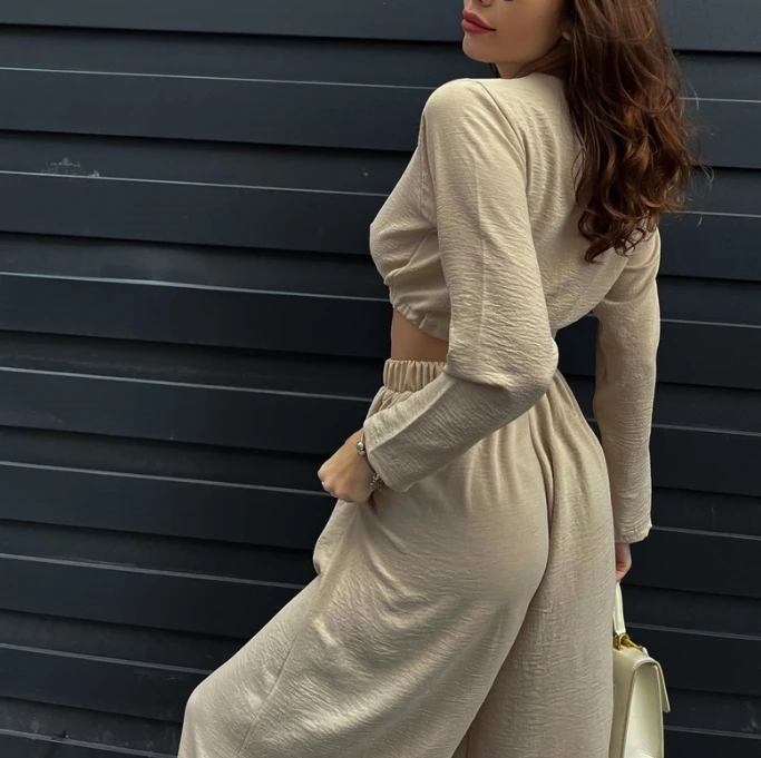 Free Spirited Girl 2024 Fashion Monochrome Lace Up Cut Long Sleeved Shirt and Casual High Waisted Wide Leg Pants Set In Stock