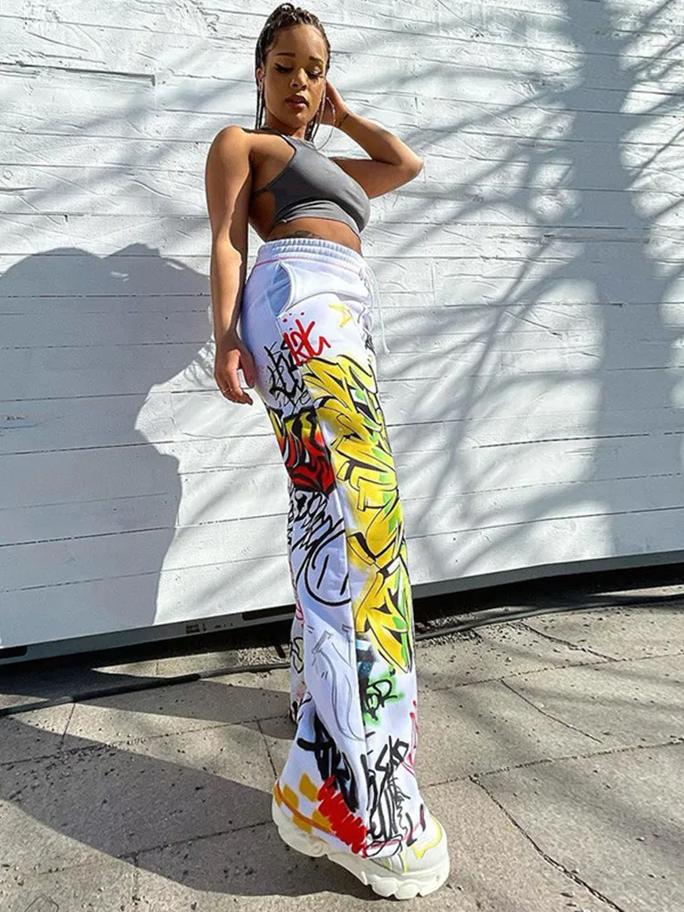 

Graffiti Printing Woman Pants Oversize Casual Streetwear Women Bottoms Pants High Waist Drawstring Sweatpants Y2k Pants Capris