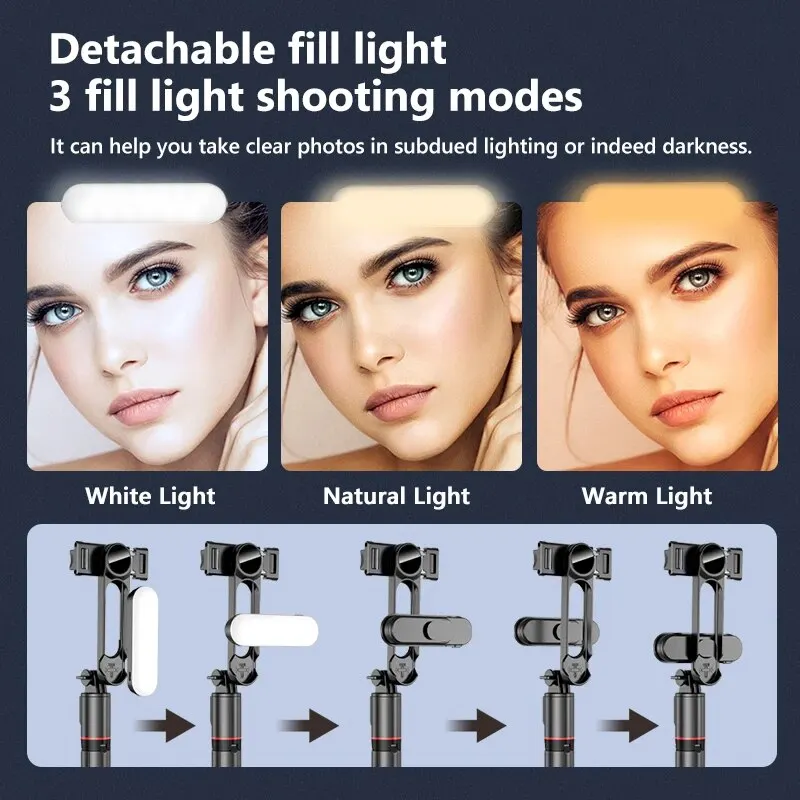 Portable Mini 360 Degree Rotation Selfie Stick Tripod With LED Fill Light Bluetooth Remote Extendable Foldable Tripod For iPhone view 4