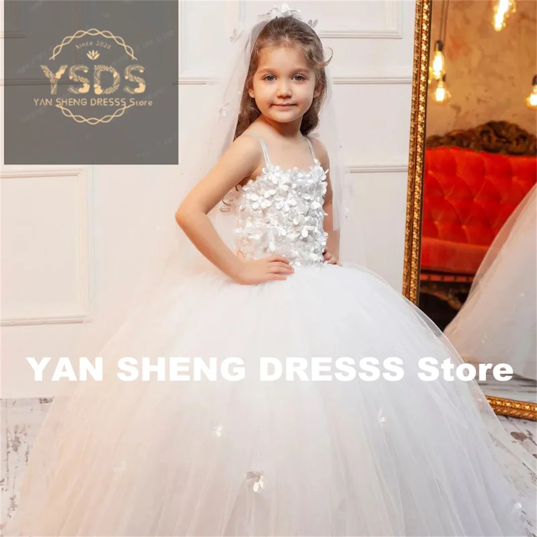 Customized Flower Girl Dresses White Tulle With Flowers Sleeveless For Wedding Birthday Prom Banquet Holy Commmunion Gowns