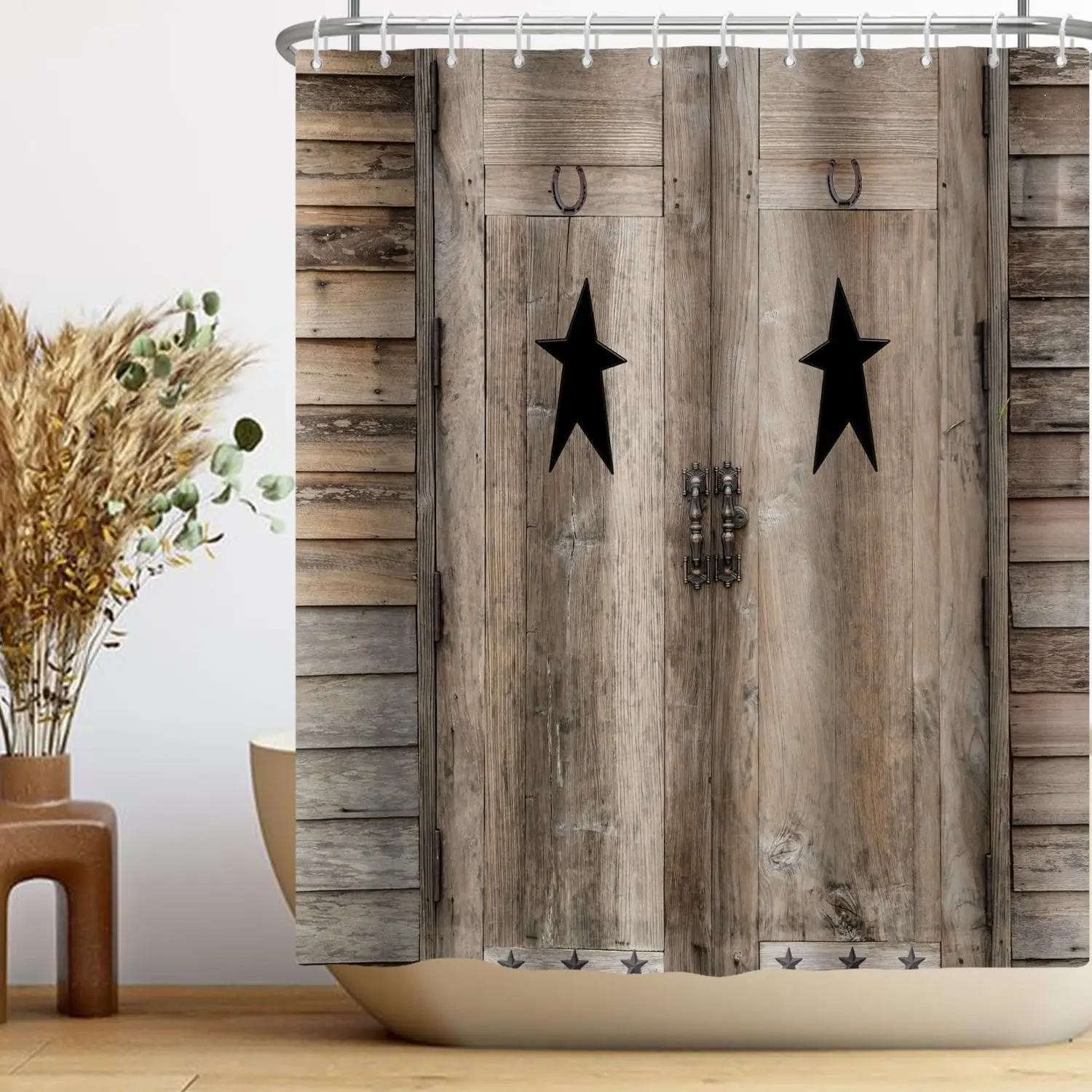 

Занавеска для душа в деревенском стиле, коричневая звезда на деревянной двери, тканевые занавески для душа в деревенском стиле, тема фермерского дома, аксессуары для ванной комнаты