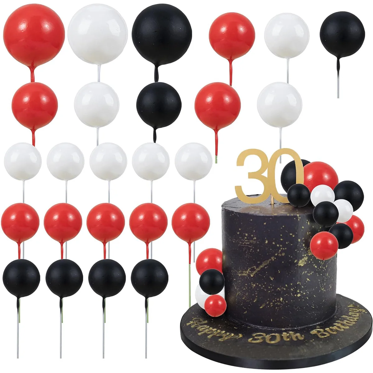 30 Uds. De palos para decoración de tartas, bolas de espuma, selecciones para pasteles, decoraciones para pasteles para fiesta de boda, decoración de pasteles de cumpleaños, rojo, negro y blanco