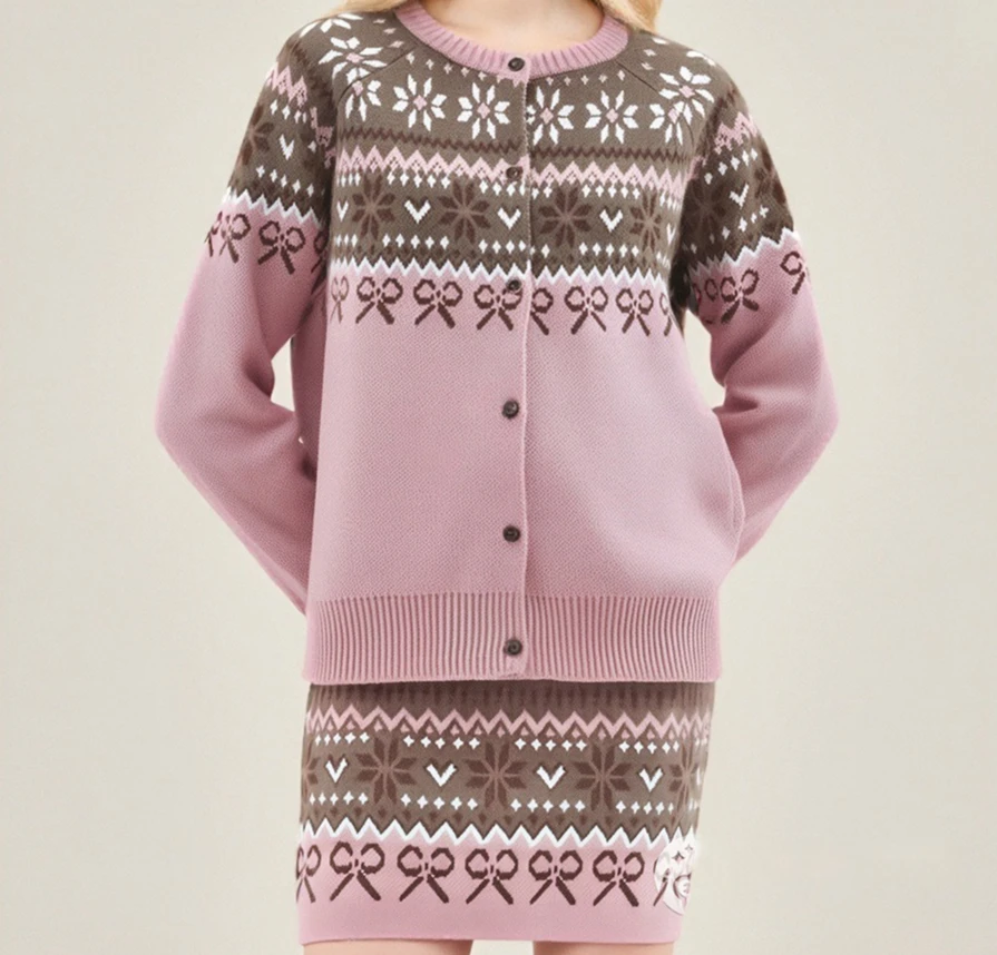 

Two Piece Women Dress Set Jacquard Knitted Sets O Neck Cardigan Sweater Mini Lenth Skirt Loose Casual Elegant Autumn Winter 2025