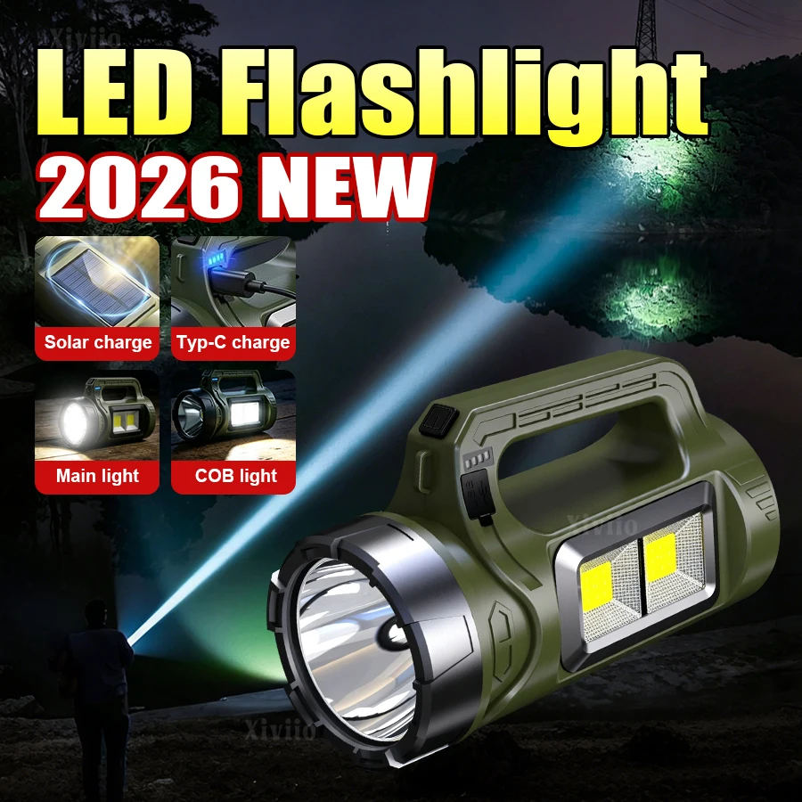 Super Bright Handheld LED Searchlight Solar&Type‑C Charging Waterproof Portable Flashlight For Outdoor Camping Hiking Emergency