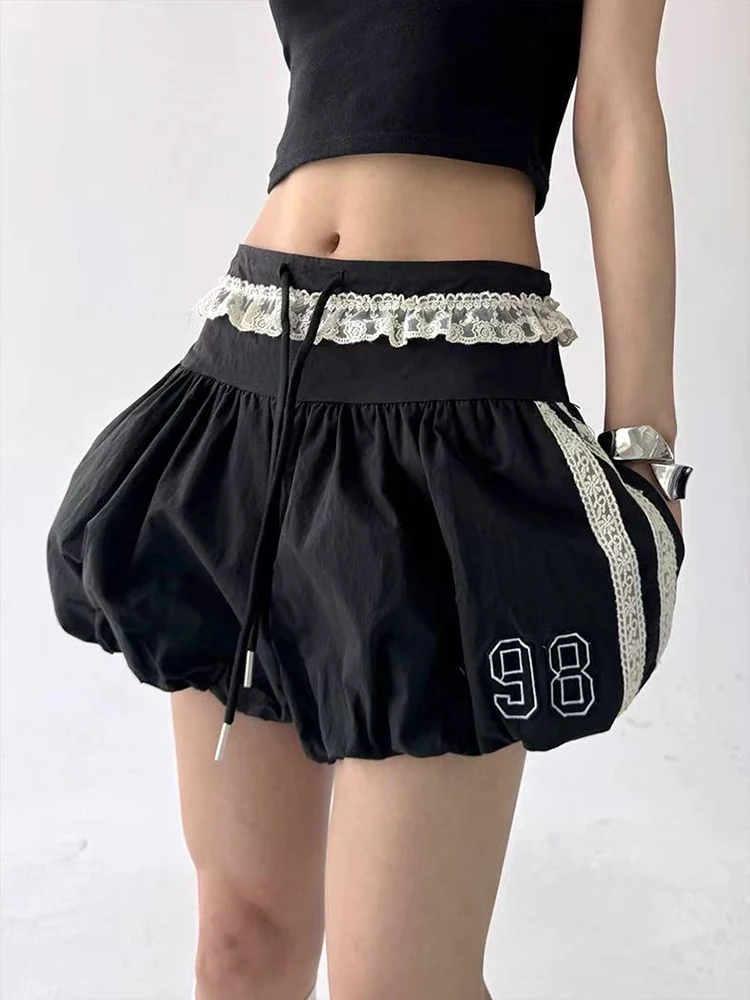 Lace Patchwork Women Lantern Shorts Y2K High Waist Loose Drawstring Wide Leg Short Female Sweet Preppy Splicing Short Mujer