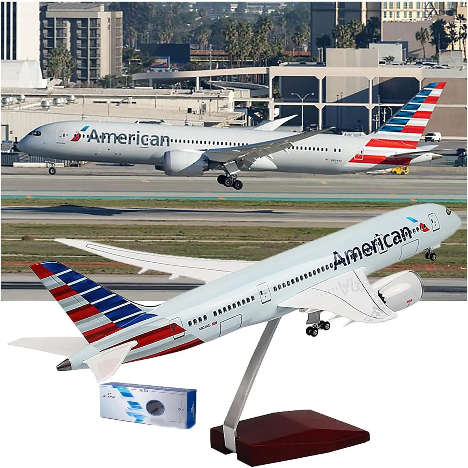43cm 1/130 Scale B787 American Airlines Aircraft Model Landing Gear Wheel Diecast Resin Airplane Collection Display or Gift