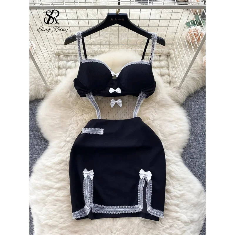 

SINGREINY Erotic Sheath Dress Women Sensual Club Camis Dress Bow Hollow Out Fashion Mesh Patchwork Strapless Slim Sexy Dress