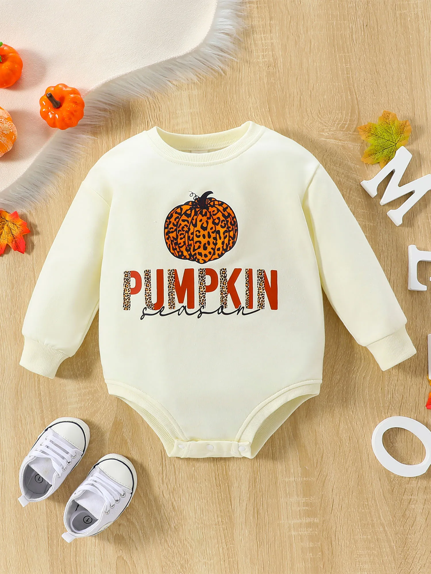 

Toddler Girls Cute Crewneck Romper with Long Sleeves Adorable Letter and Leopard Print Perfect for Halloween Celebration