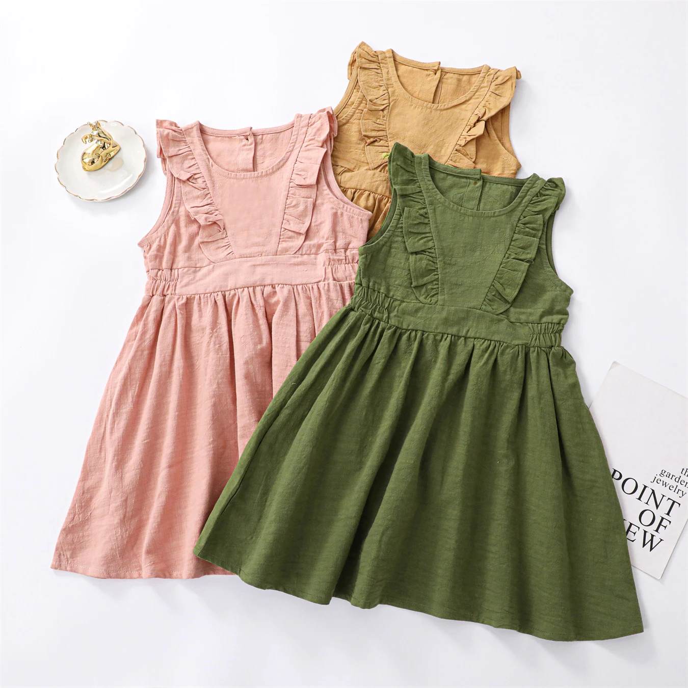 Children's Flying Sleeve Cotton Dress Girls' Skirt Summer Clothing Solid Color Short Ins