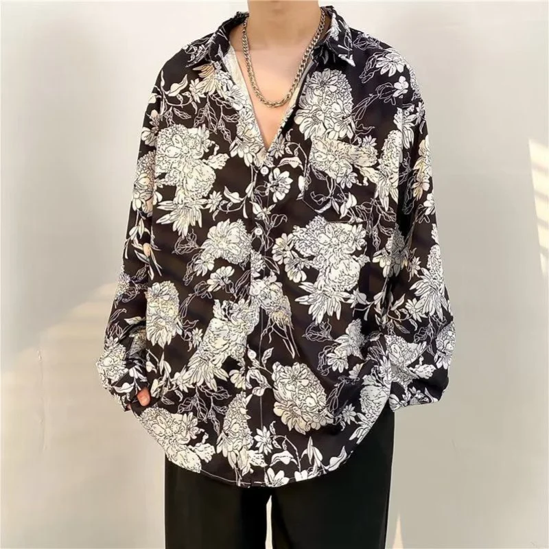 2023 Spring New Men\'s Clothing American Vintage Trend Hong Kong Breeze Fashion Casual All-match Long Sleeve Lapel Floral Shirt