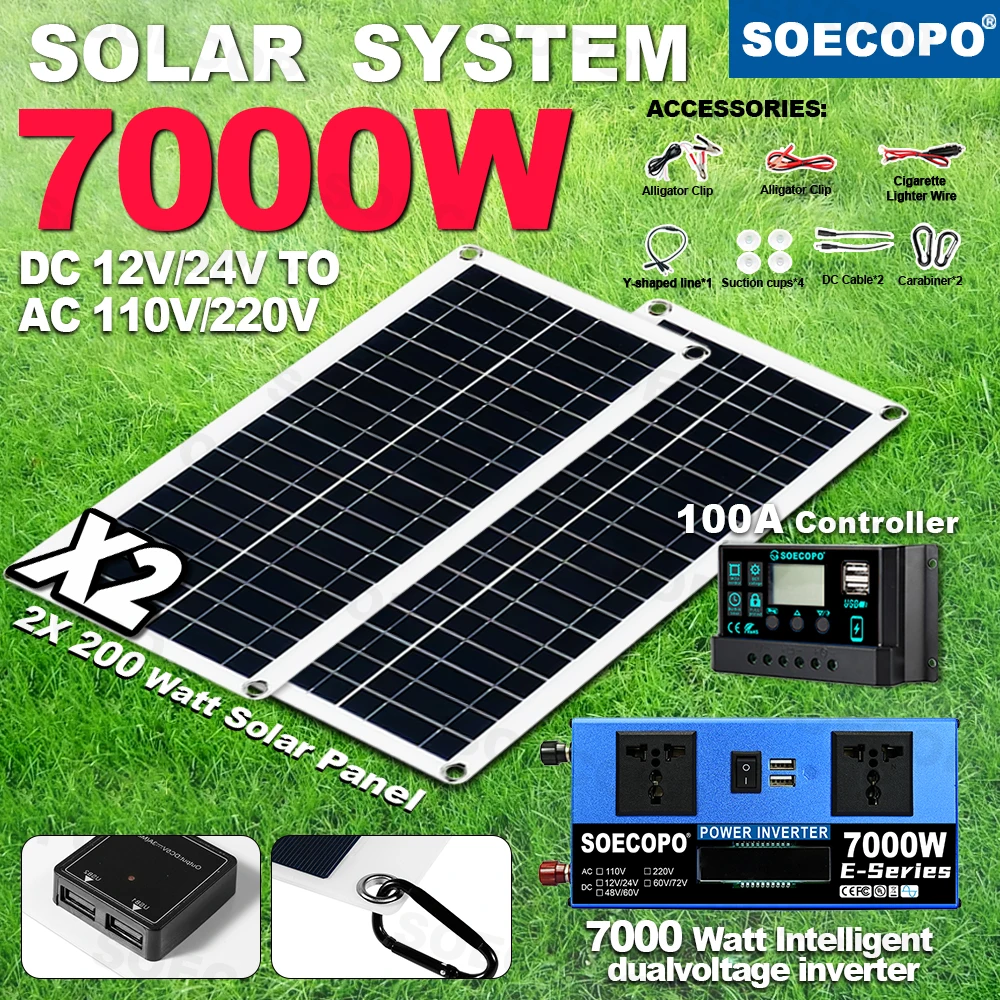 

SOECOPO 7000W Solar System Kit 2x200W Solar Panels 100A Controller DC 12V/24V to AC 110V/220V Dual Socket Inverter Home Camping