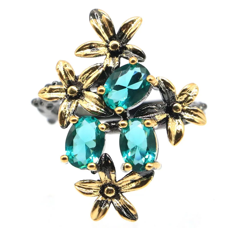 28x21mm Unique Vintage Gold Flowers Blue Aquamarine Violet Tanzanite Pink Tourmaline Peridot Cool Black Metal Silver Rings view 4