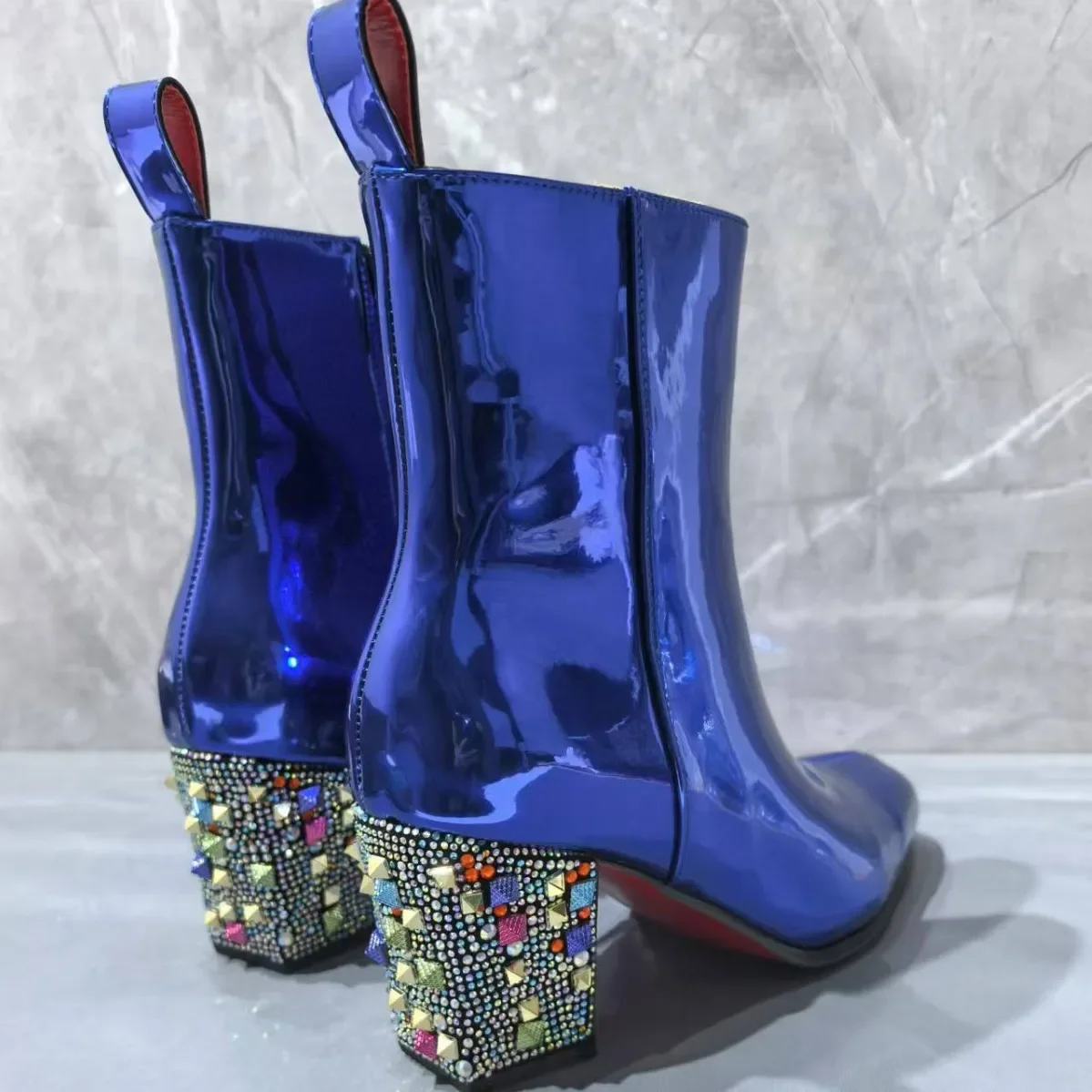 European and American Shiny Leather Blue Rhinestone Heel High-Heeled Men's Boots with Raised Leather Short Boots for Men