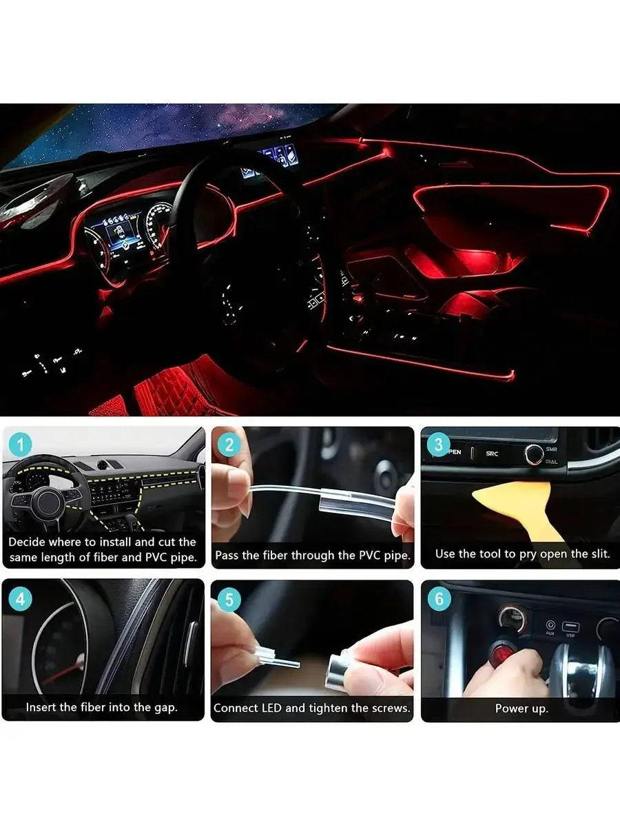 Car Interior Lights, USB Car LED Light Bar, Car Ambient Lighting Kit 236 Inch Fiber Optic, RGB EL Wire Lights App And Remote