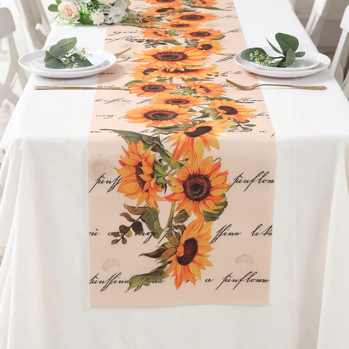 Spring Sunflower Linen Table Runner Vintage Floral Washable Polyester Dresser Scarf Table Decor Wedding Dinning Home Party Decor