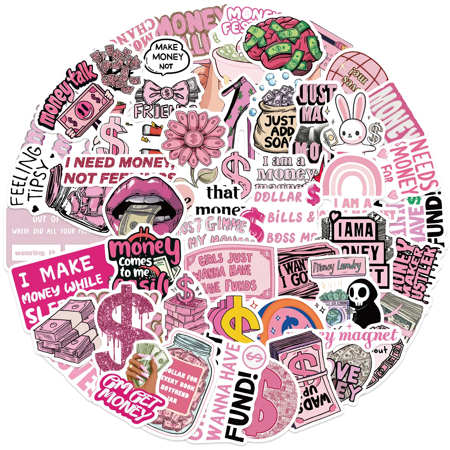 50PCS Pink Money Graffiti Stickers DIY Phone Guitar Laptop Notebook Suitcase Water Bottle Waterproof Sticker Decals Toys