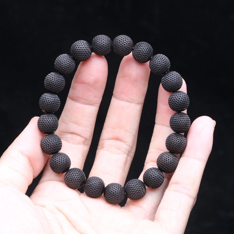 Natural ebony 20mm wood bead Bracelet Men\'s beaded carved black Good luck stretch bracelet