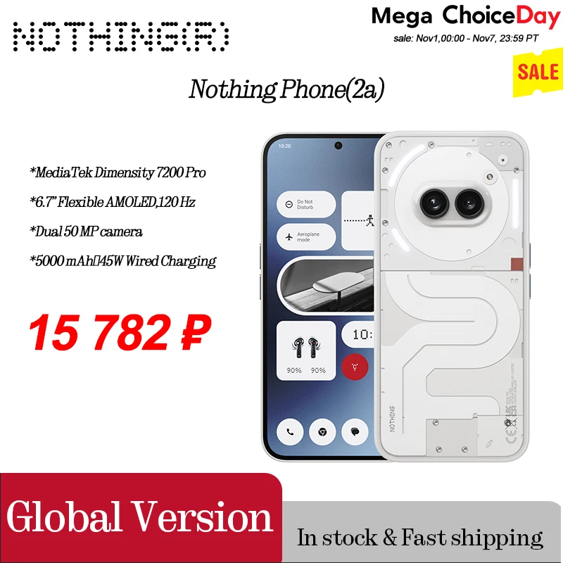 Global Version Nothing Phone(2a) 6.7” AMOLED display 120Hz Mediatek Dimensity 7200 Pro Dual 50MP 5,000 mAh 45W IP54 Phone 2a