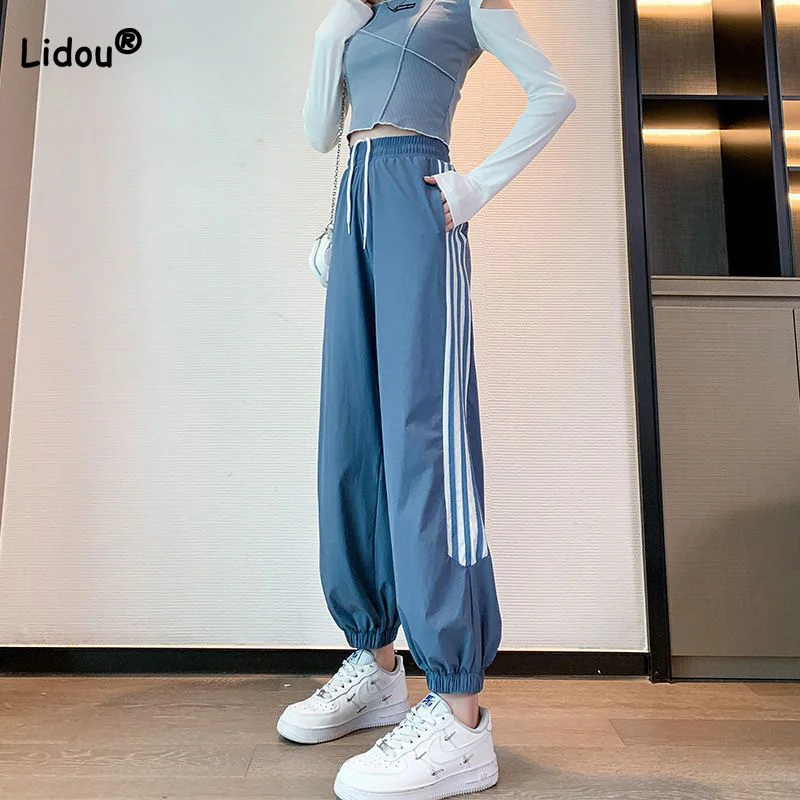 

Preppy Style Side Three Stripe Printed Loose Pants Womens Spring Summer Solid Color Drawstring High Waisted Harem Trousers