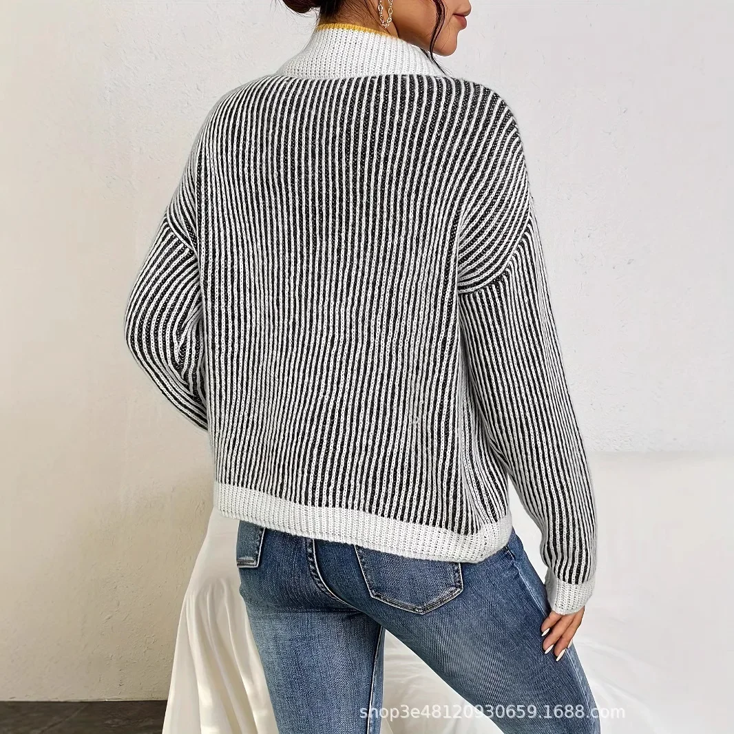 سترات نسائية مخططة متماسكة بأكمام طويلة ورقبة على شكل حرف V بلوفرات فضفاضة مرقعة متينة ملابس خروج أنيقة غير رسمية للسيدات