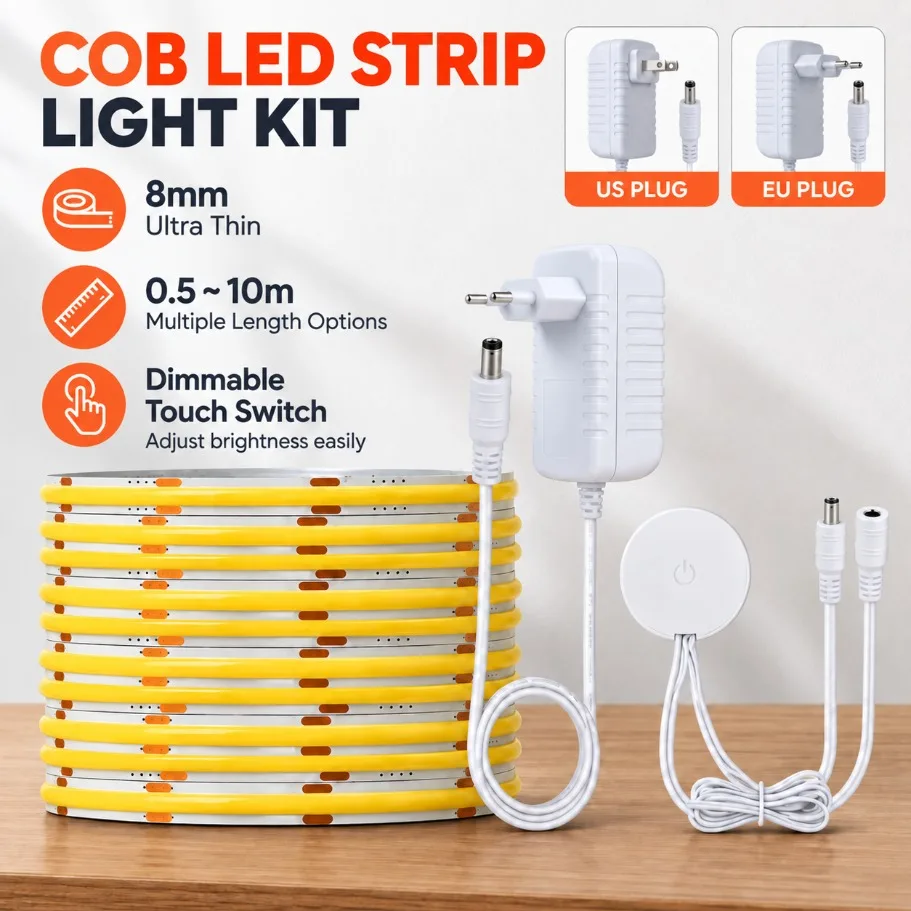 8mm Ultra Thin COB LED Strip Light Kit 0.5-10m Dimmable Touch Switch LED Tape with Power Adapter for Cabinet Home Lighting