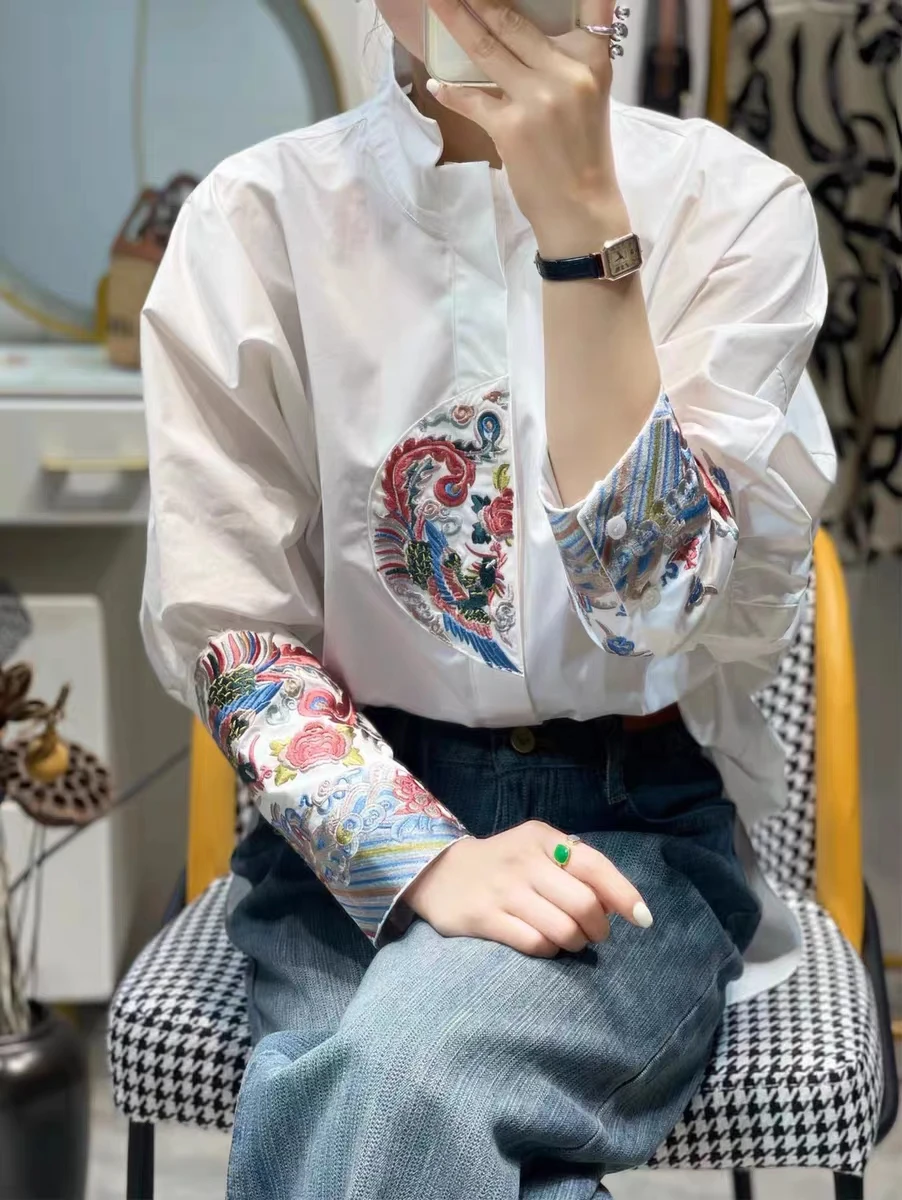 Embroidered Shirt Long Sleeve Women White Floral Embroiderey Cotton Blouses Oversized 2025 Spring New