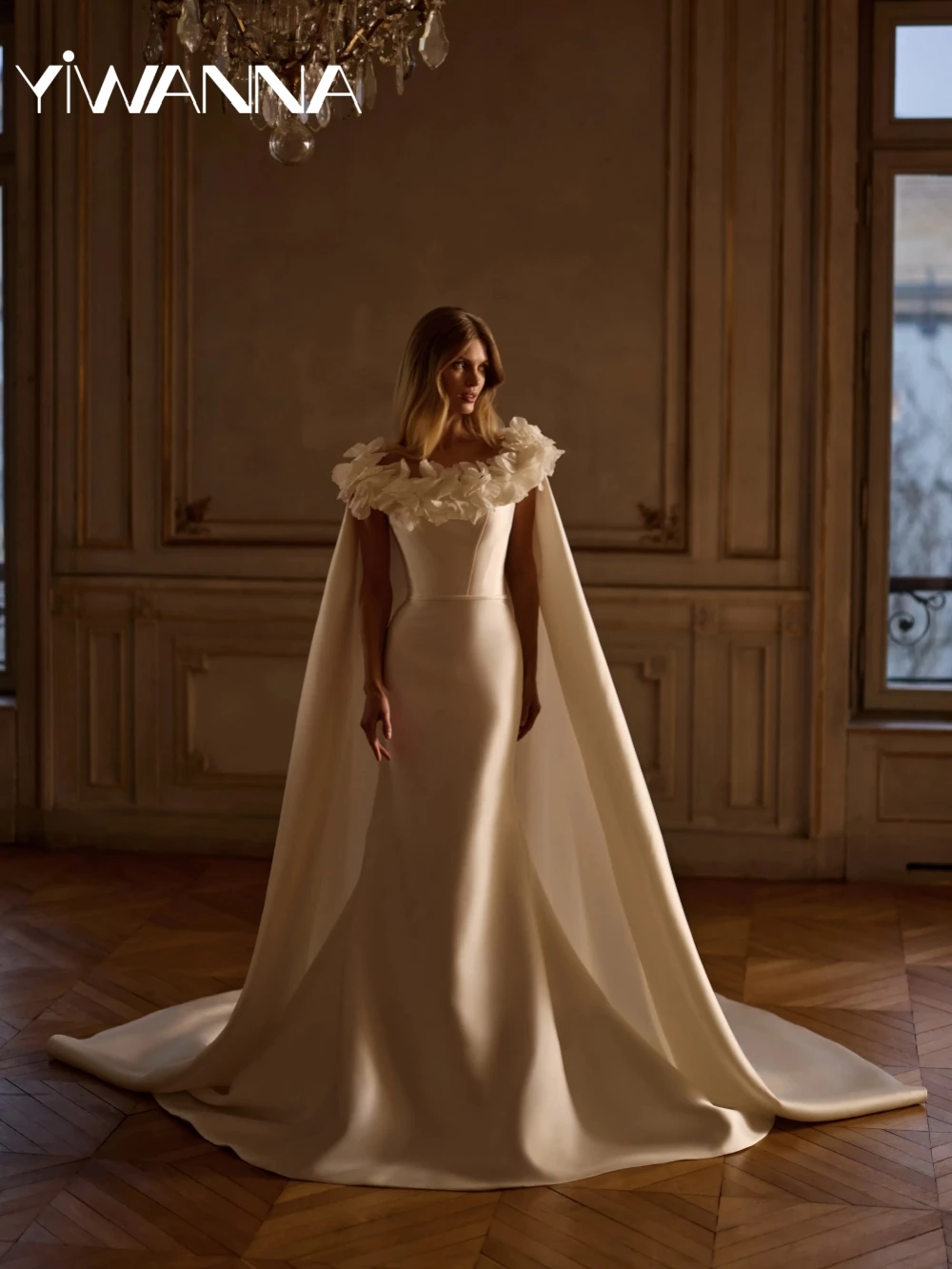 

New Arrival 3D Flower Satin Mermaid Wedding Dress With Cape Off Shoulder Bridal Gown Customized Ivory Dreamy Dresses For Bride