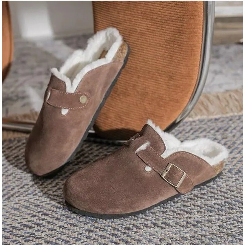 Pelz klassische Clogs Frauen Winter mode Kork Einlegesohle Plüsch Pantoffel mit Bogen Unterstützung gemütliche Home pelzigen Wildleder Panto letten