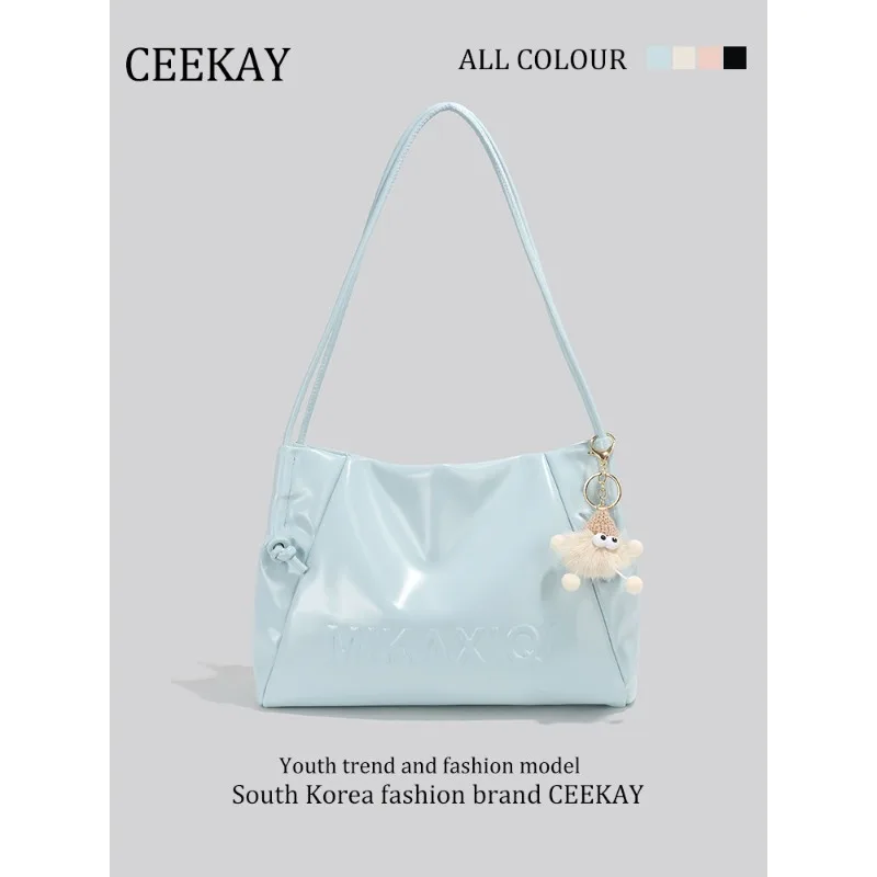 

CEEKAY Elegant Light Blue Tote Bag Glossy Leather Drawstring Bag with Plush Pendant Perfect for Daily& Dates Large Capacity Tote